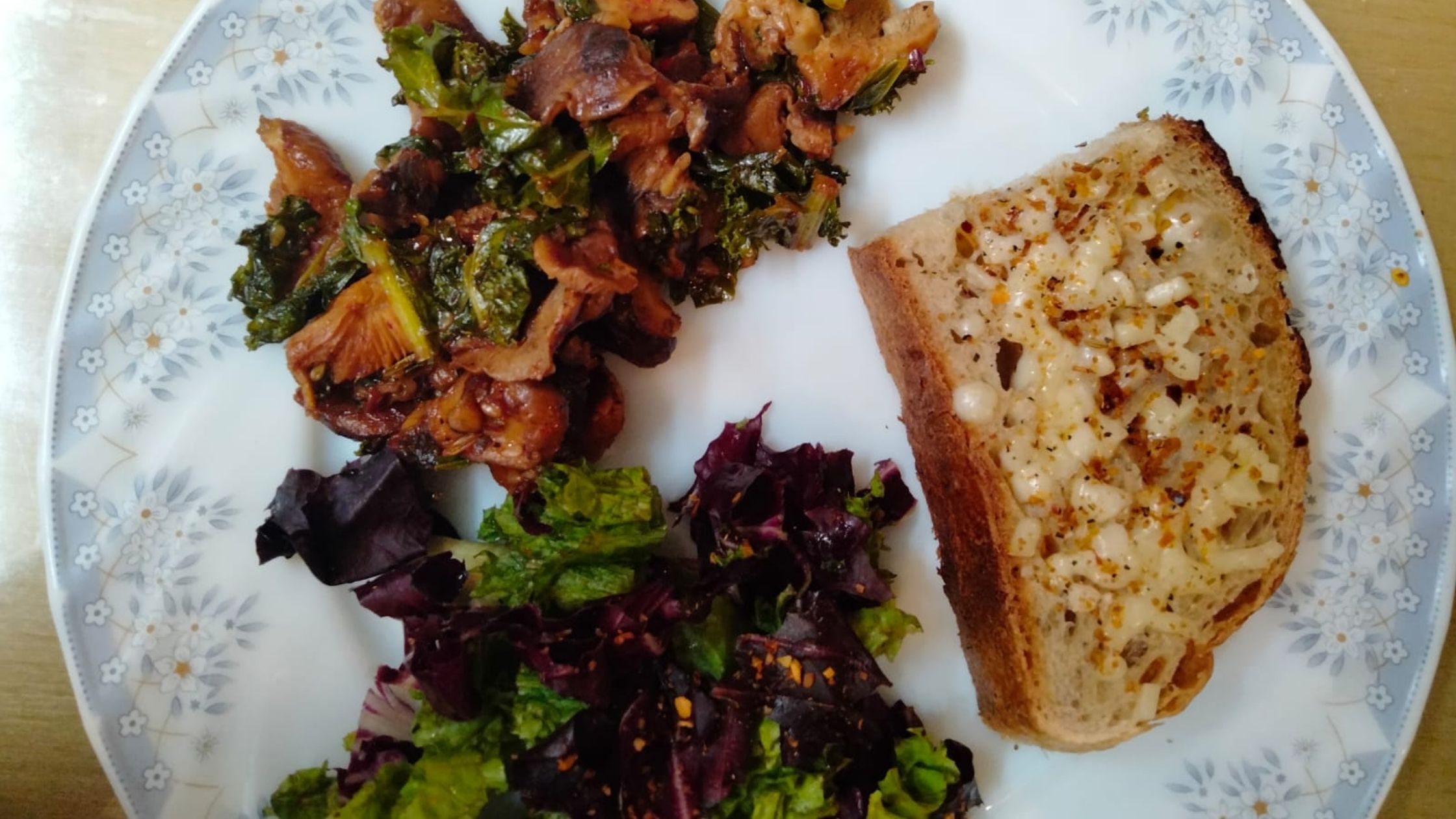 Cheese Toast with Mixed Salad Leaves and Slow Cooked Oyster Mushrooms with Kale Leaves